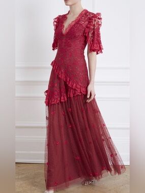 Needle & Thread Elsa V-Neck Gown Fuchsia Pink Lace Tulle Maxi US 12 UK 16